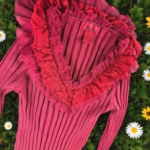 Vintage Carina Silk Top L Ribbed Knit Ruffle Trim V Neck Long Stretch‎ Red Blend